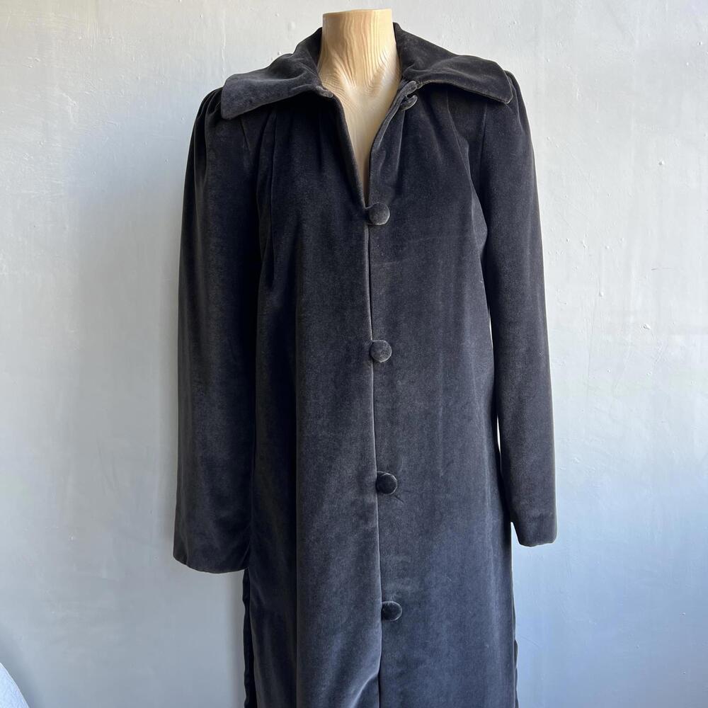 Vintage Grey Gun Metal Velvet Opera Over Coat Long Trench Duster Maxi Goth M